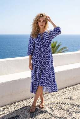 miduo Women's Boho Geometric Print Tie-Neck Tiered Midi Dress small